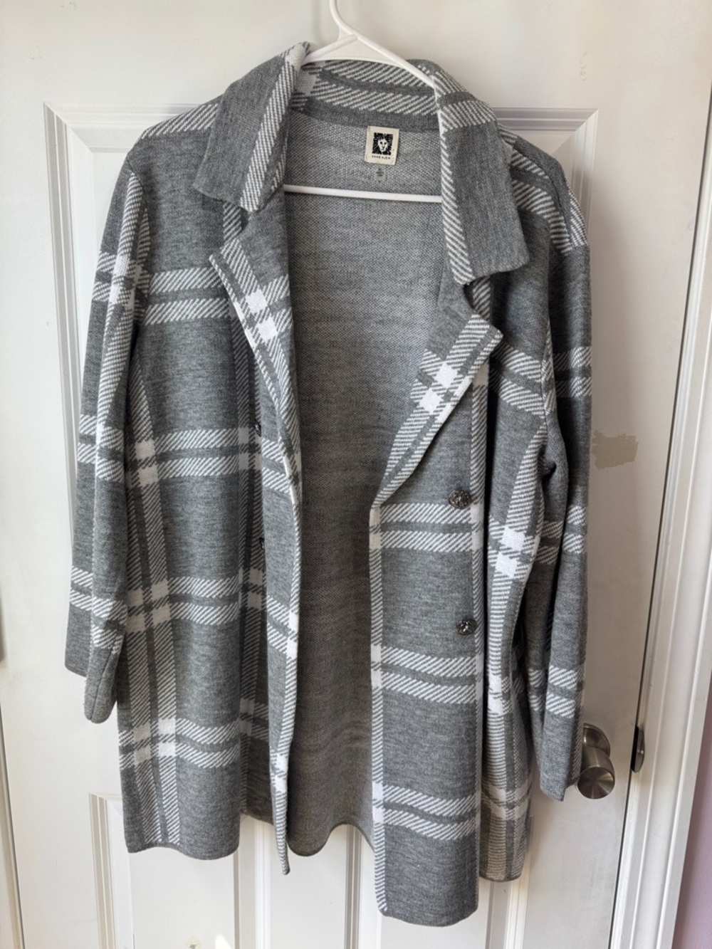 Anne Klein Gray and White Plaid Open-Front Cardigan Coatigan
